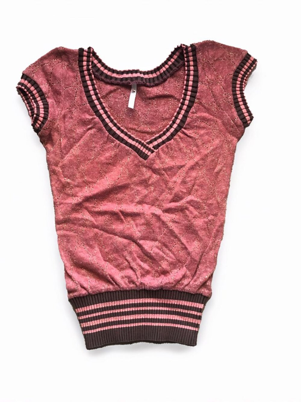 Vintage Y2K Striped Ribbed Knit Sweater Vest Coquette Cap Sleeve Top